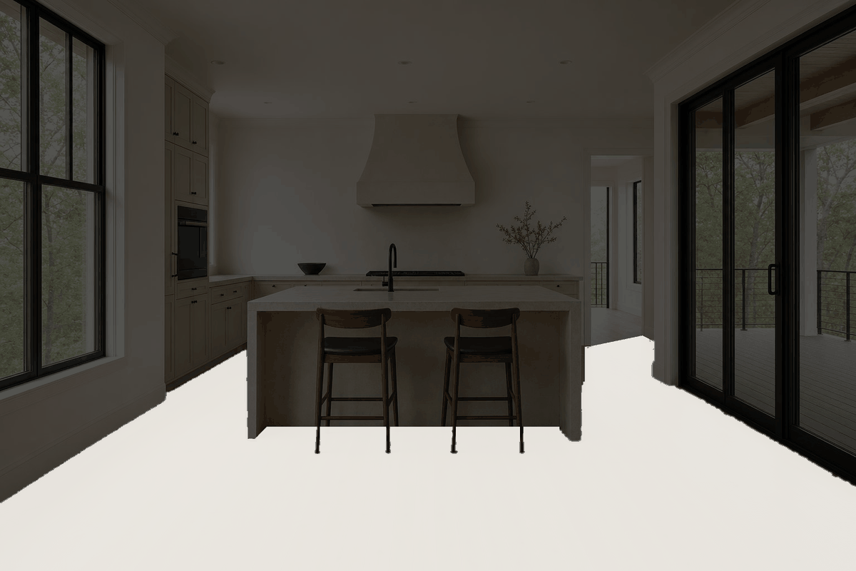 The same kitchen darkened, with the floor it found filled in pale