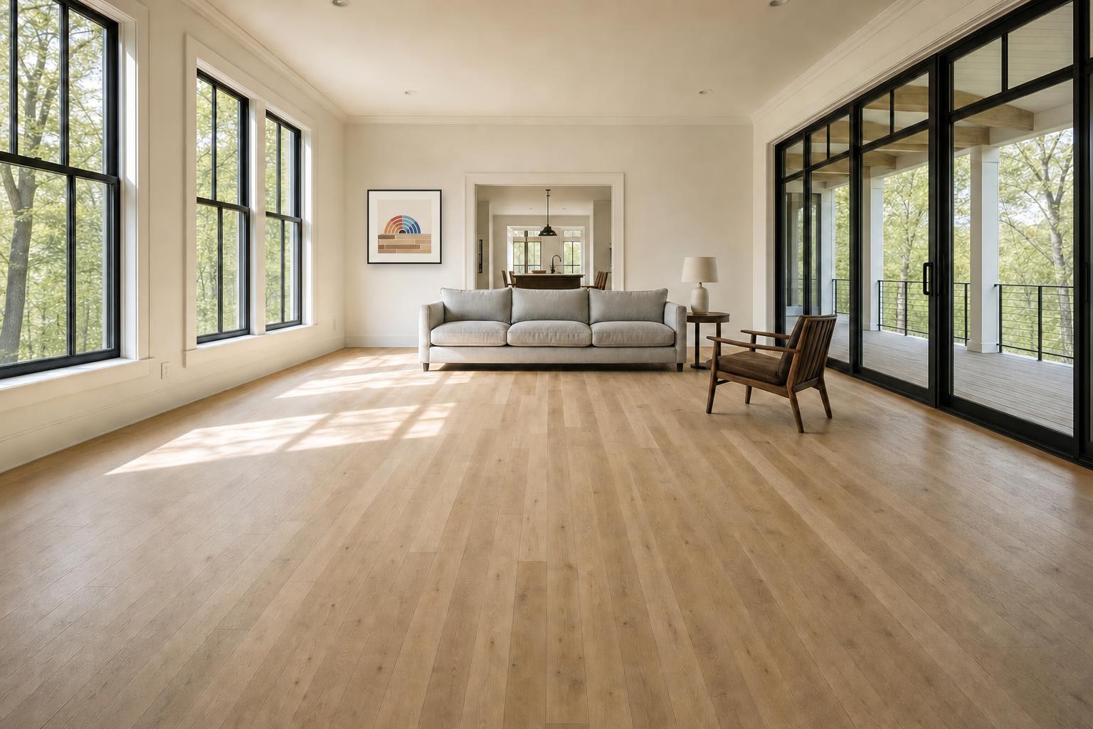 Living room with glass doors, as it was made, before a floor is chosen