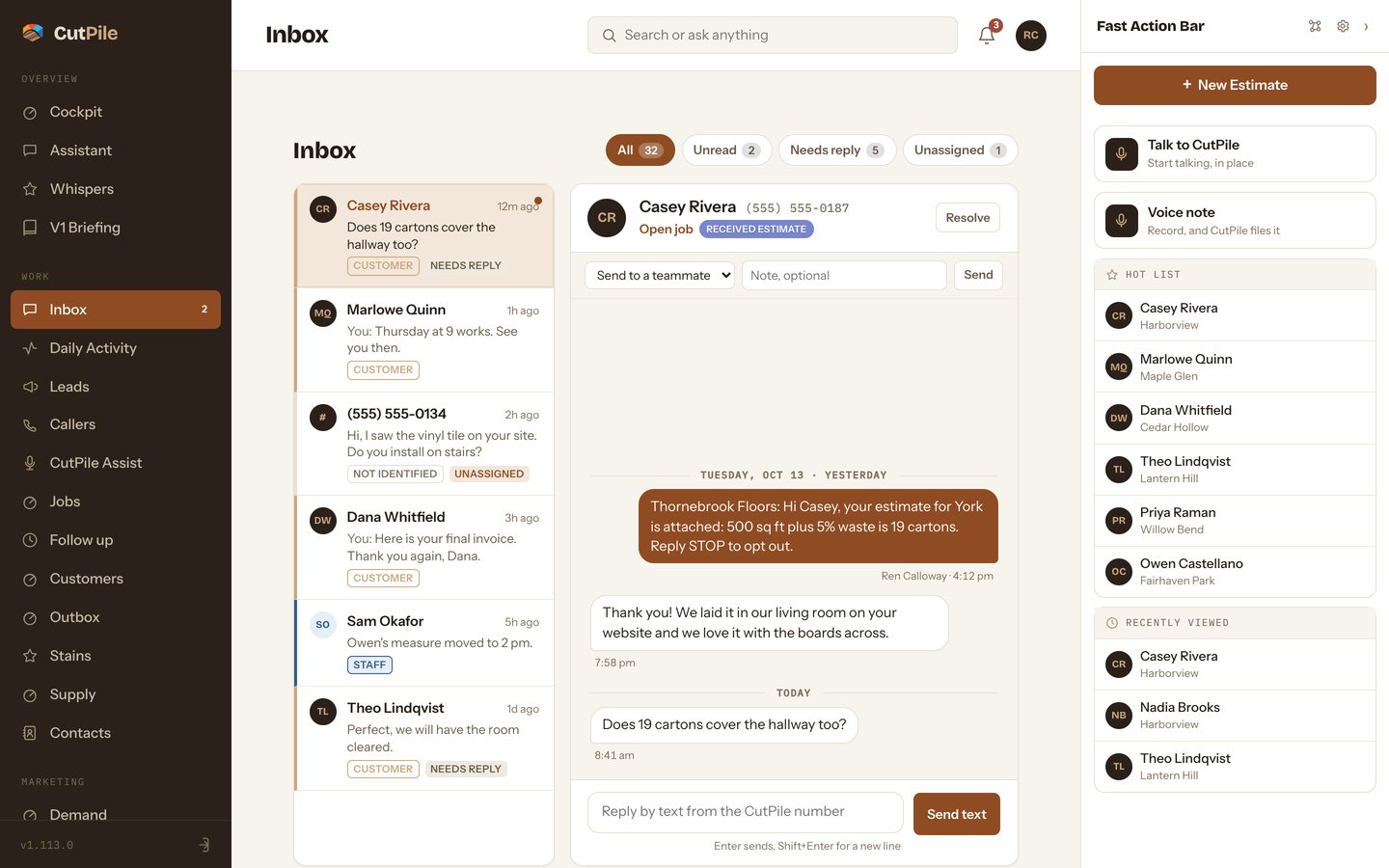 CutPile, Inbox screen, with invented records