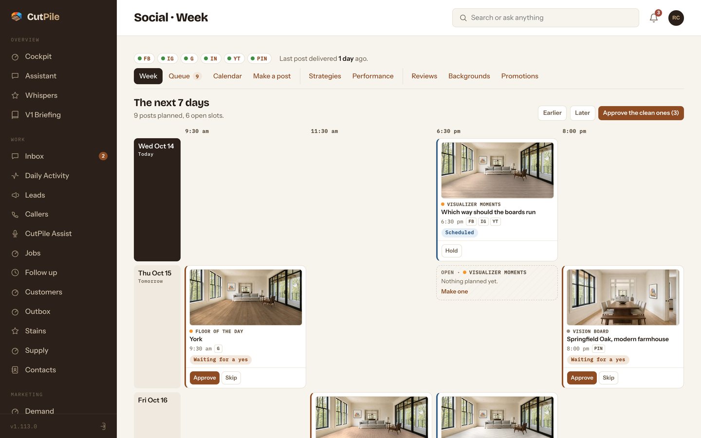 CutPile, Social week screen, with invented records